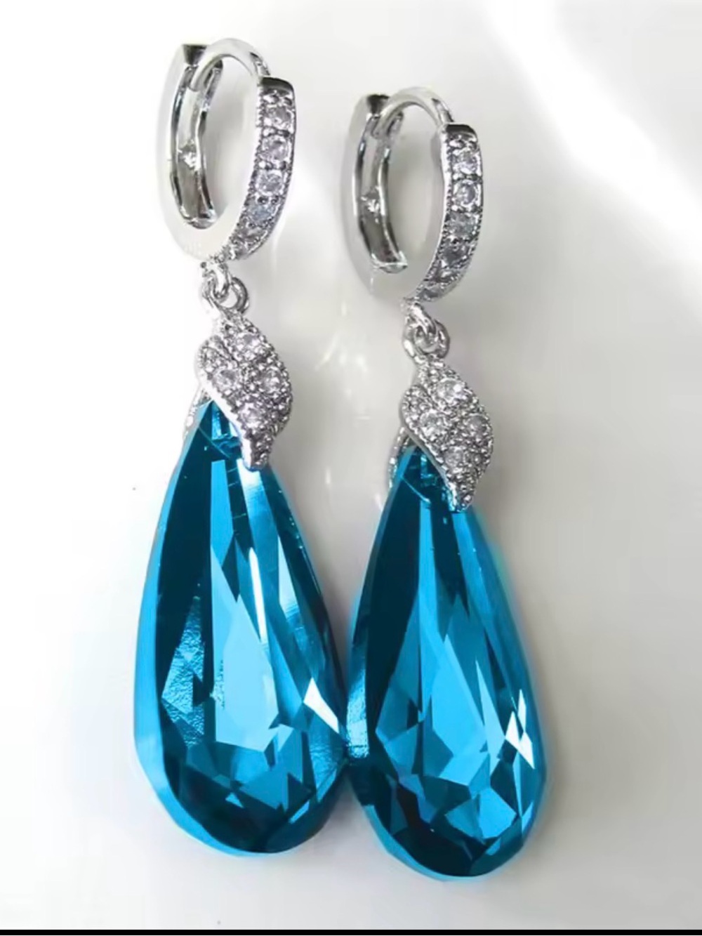 Silver Teardrop Blue Crystal Dangle Earrings new